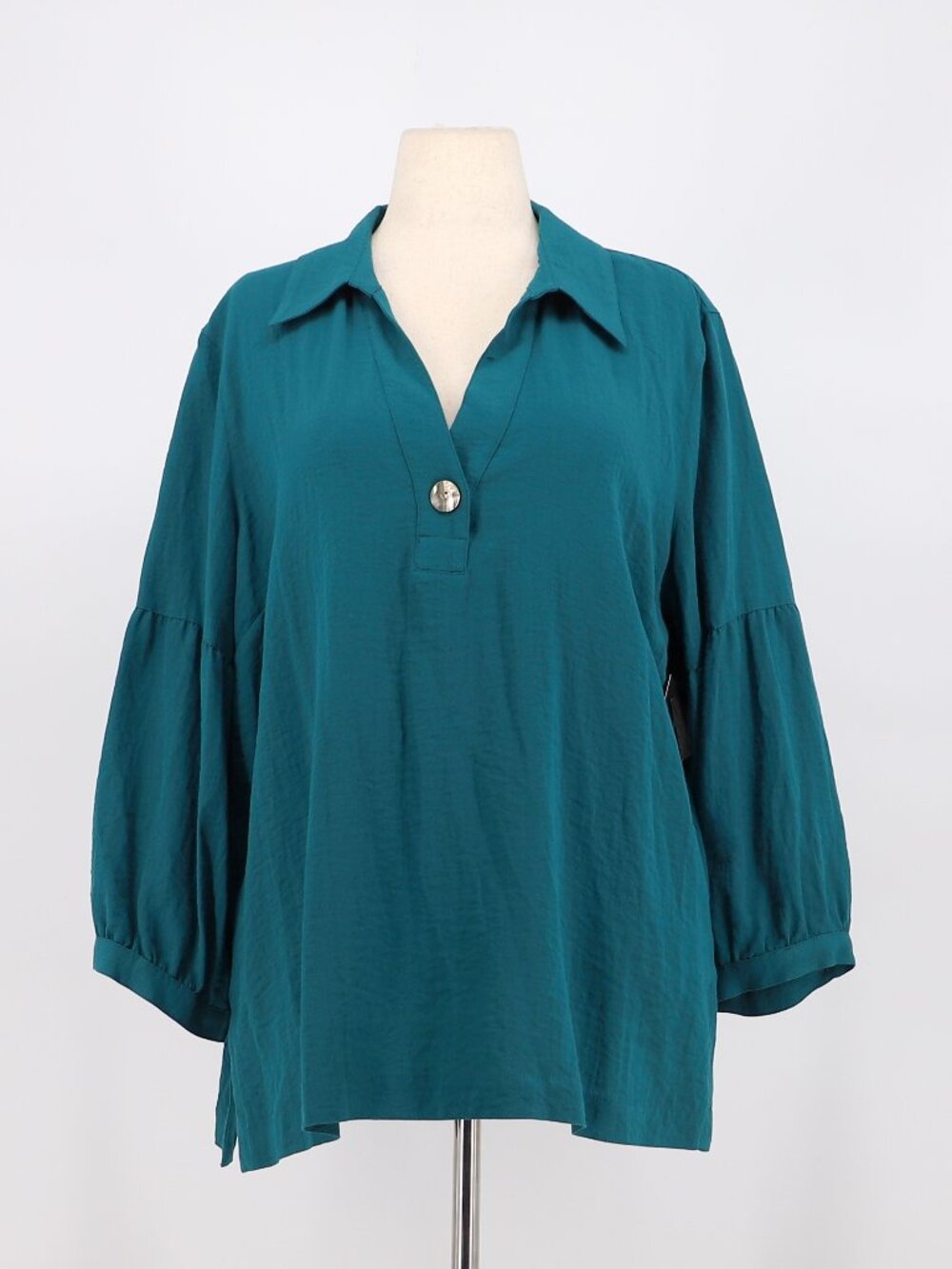 NWT JOHN MARK Teal Blue Collared Blouse Balloon Sleeve Relaxed Tunic Top Size XL